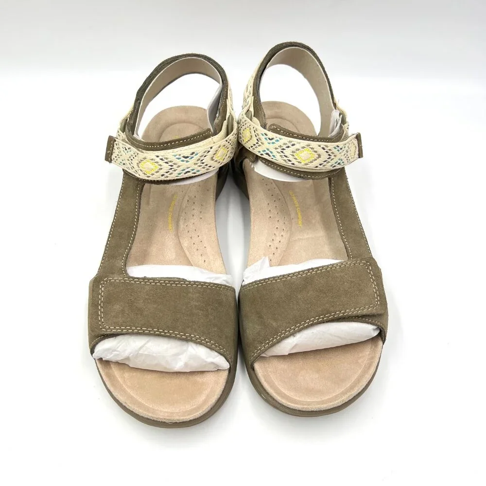 Clarks Womens Size 10 10M Olive Green Suede Leather Sandals Comfort Summer Shoes
